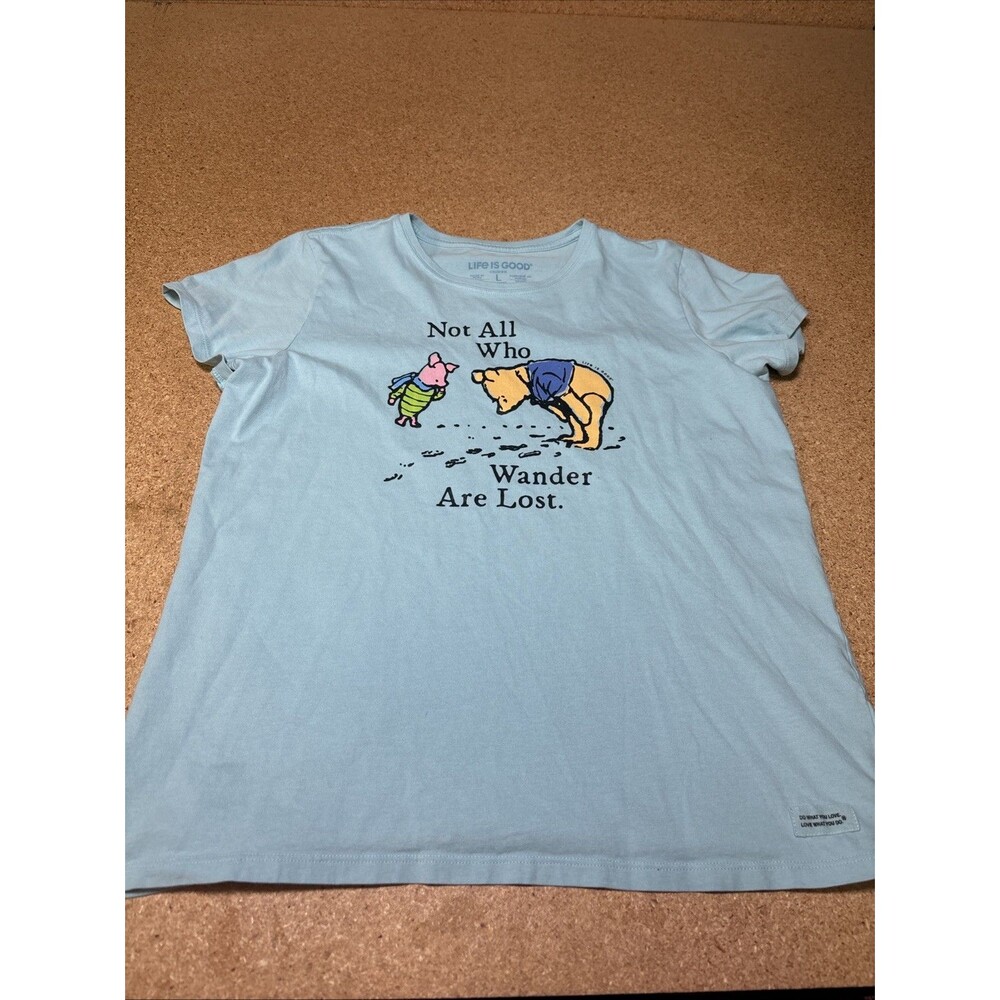 Life is Good Women’s Blue Crusher Tee Winnie The Pooh Graphic Crew Neck Sz L E2